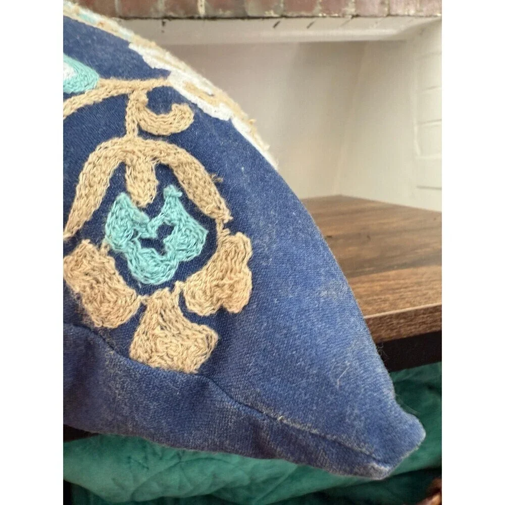 Blue floral embroidered, throw pillow
